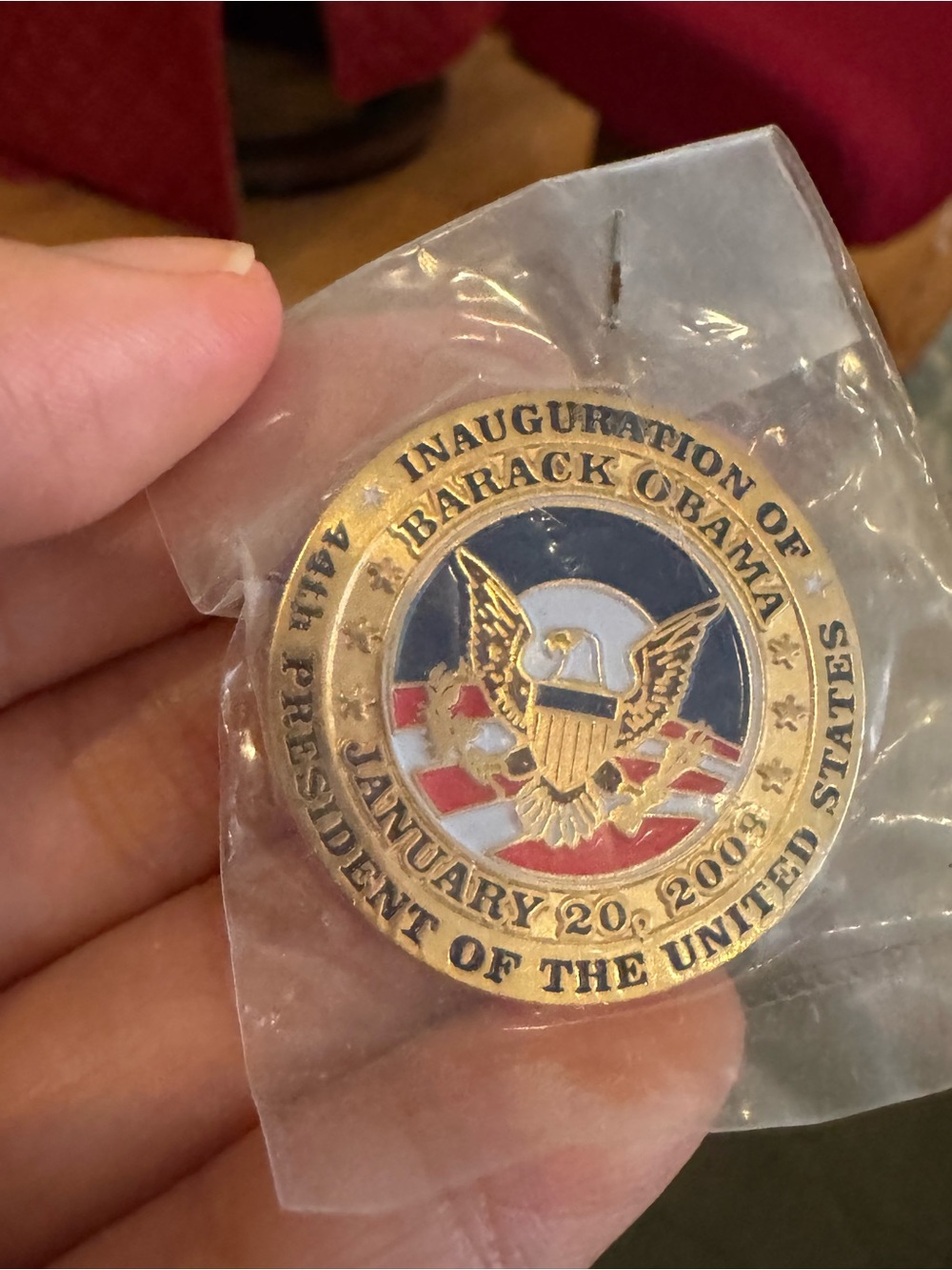 Barack Obama Inauguration Commemorative Coin Pin - Red, White, Blue, Gold